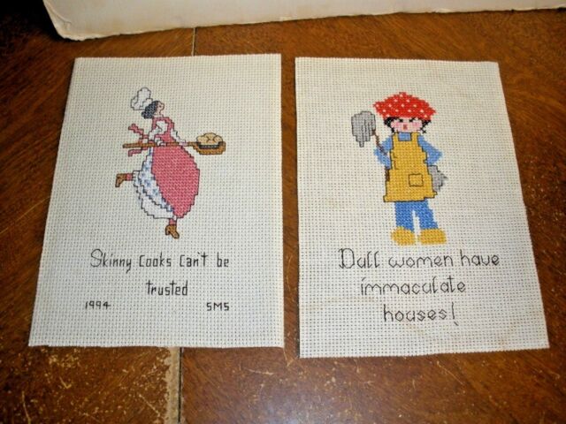 2 finished Cross Stitch Pieces Skinny Cooks Can't be Trusted Dull Women Immacul