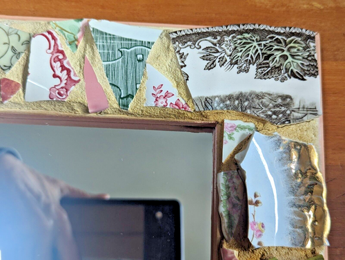 Riven Garden ~ Handmade Art Mosaic Mirror ~Teacup Handle Plate Bowl Shards Acorn - Picture 3 of 13