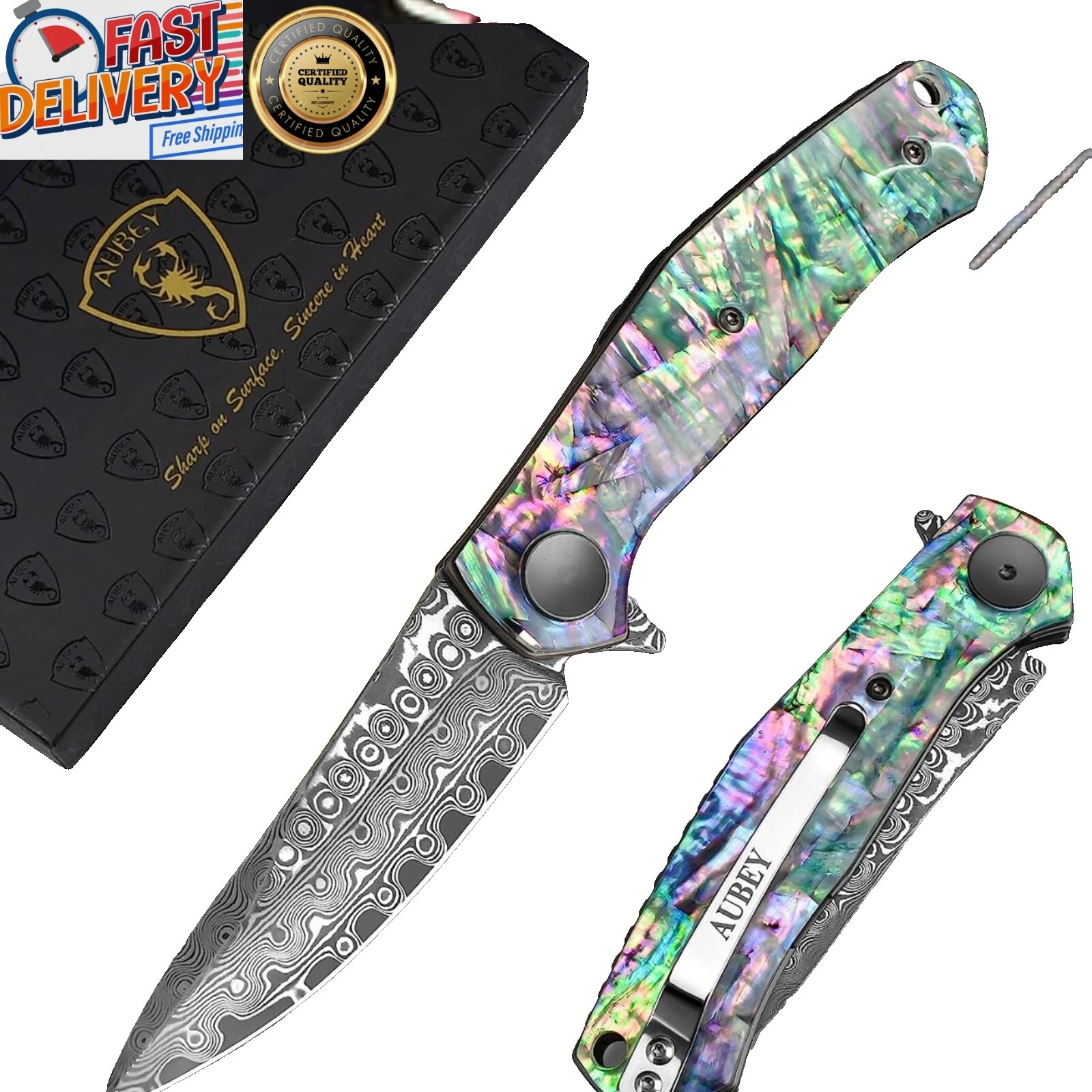 Lâmina de Aço Damasco Cabo de Concha de canivetes Contemporâneos Personalizados e feitos à mão