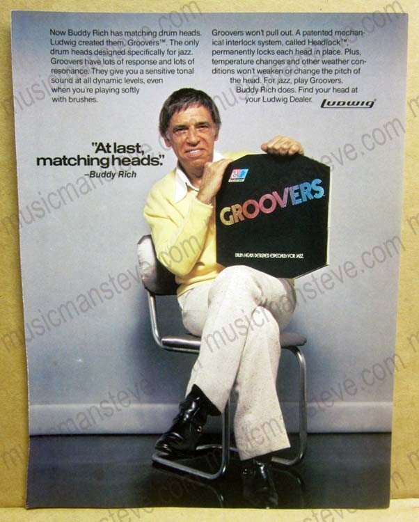 1970s LUDWIG print ad - BUDDY RICH endorsing GROOVERS matching drum heads