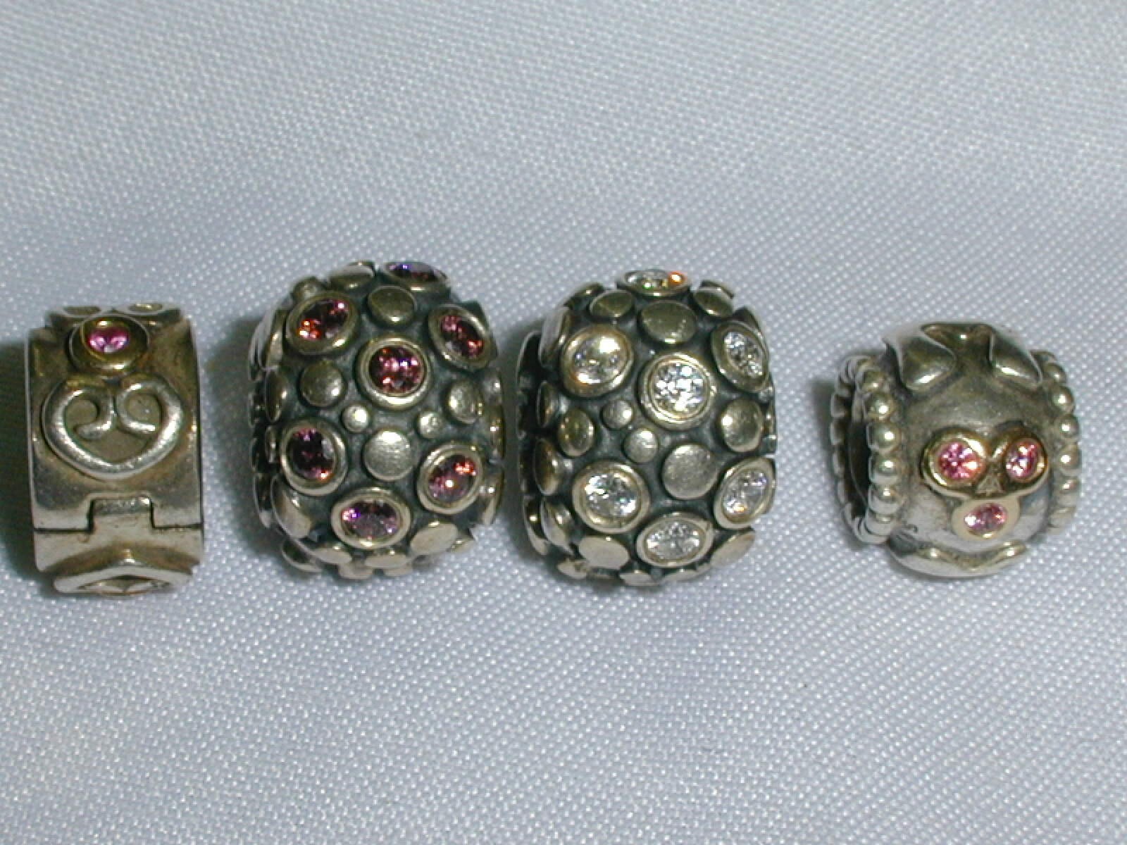 Great Lot of 4 Pandora Charms – 3 Clip Stoppers, 1 Charm – 2 with 14K Gold