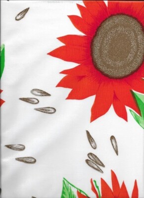 Oilcloth Fabric Bright Sunflowers Orange on White Pattern Sold in Yard or Bolt