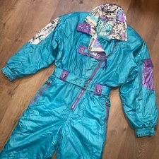 Kaelin Ski Suit One Piece Snowsuit 1980s Womens Teal Retro Snow Bib Vtg Apres 10