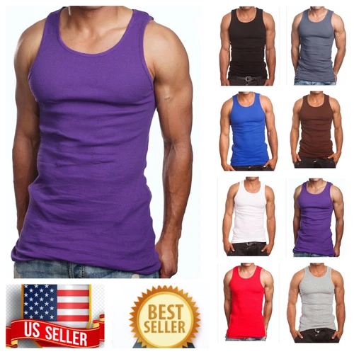 Men S-5XL 100% Cotton Tank Top T-Shirt A-Shirt Muscle Ribbed Wife Beater Tee Gym image 2