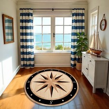 Nautical Compass Rug Nonslip Yacht Mat Round Carpet Ocean Marine Decor