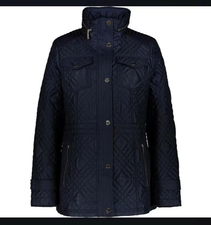 MICHAEL KORS Cappotto trapuntato donna blu navy tasche con cappuccio e zip taglia UK S nuovo