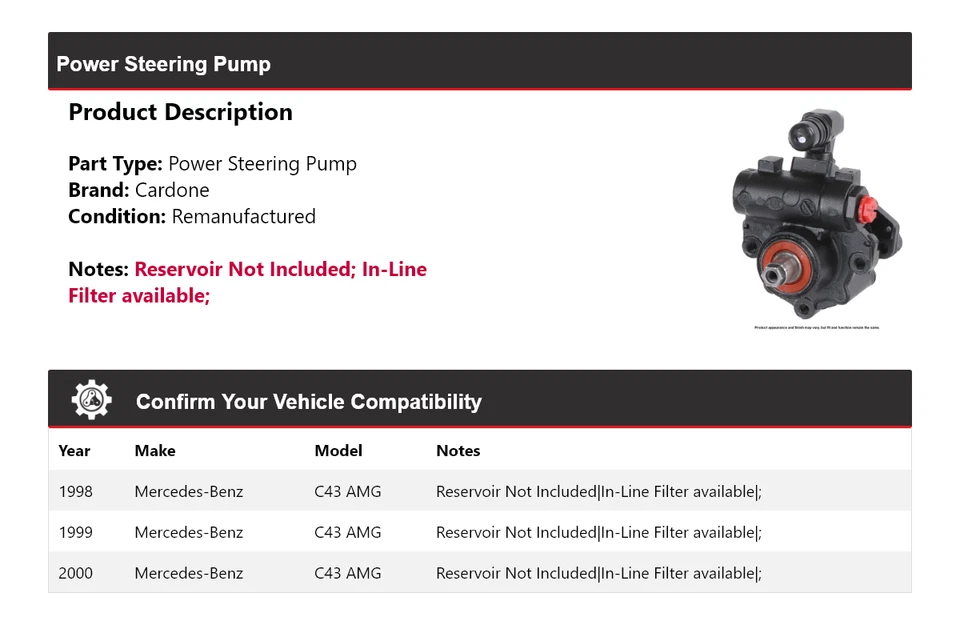 Bomba de dirección asistida Cardone 1999 para Mercedes-Benz C43 AMG 1998-2000 Foto 2 de 4