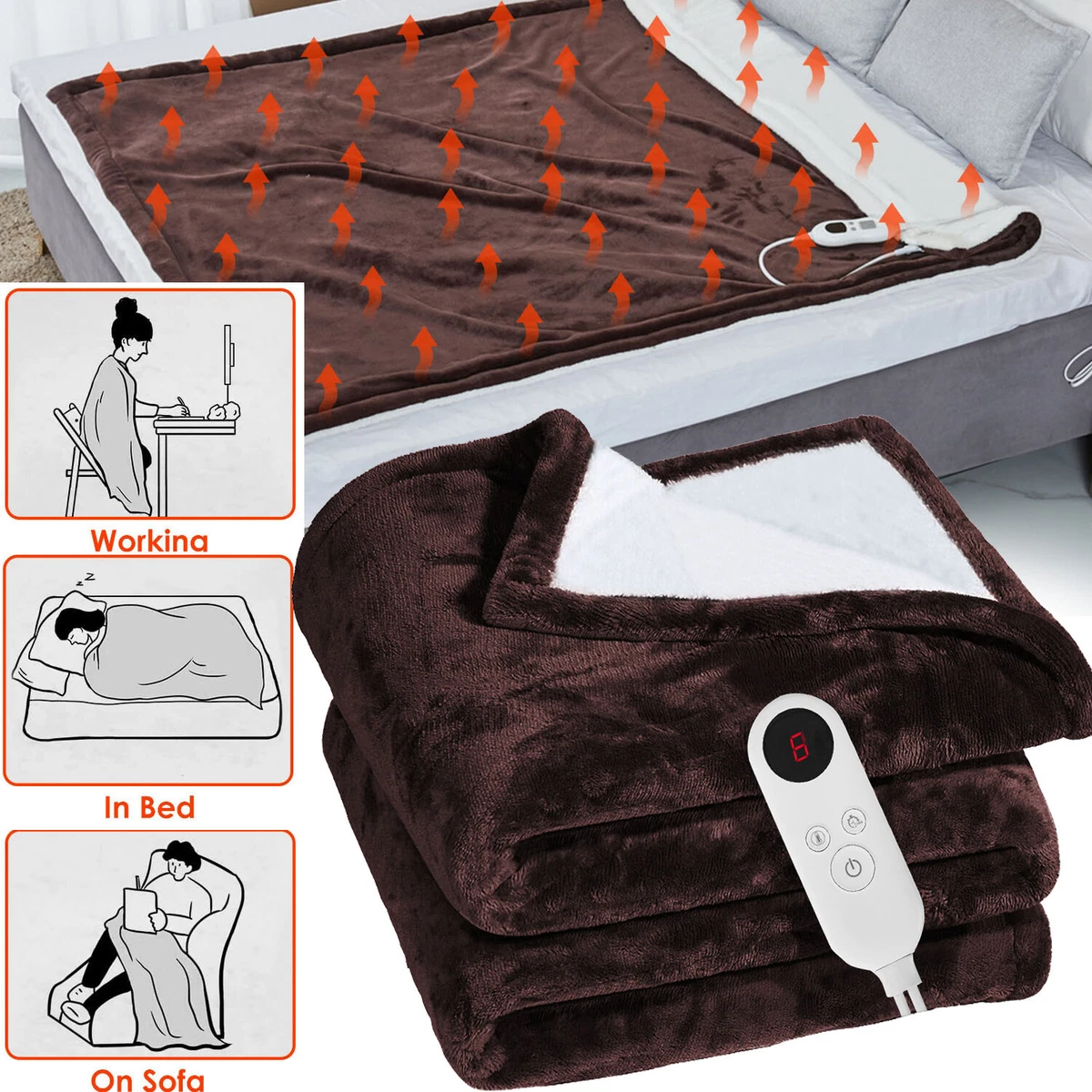100W Electric Heated Flannel Throw Blanket with 6 Heat Setting For Work Bed  Sofa | eBay