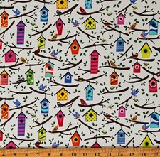 Cotton Birdhouses Birds Backyard Birdwatching White Fabric Print by Yard D784.94