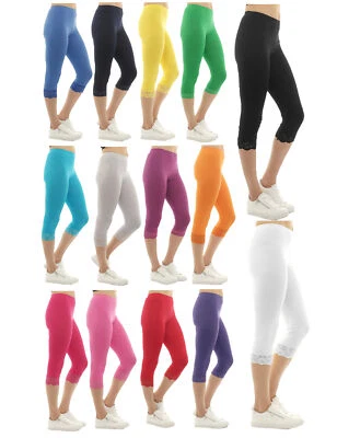 Damen Capri 3/4 Spitze Rand Leggings Leggins Hose Baumwolle knielang - Bild 1 von 2