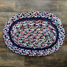Homemade Braided Rug, Made With Knit, Washable, Blue/White/Pink, 40”L x 29”W NEW