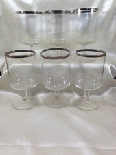 Set of 6 Clear Glass Platinum Trim Water Goblets Stemware