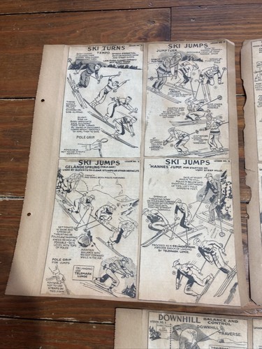 1930s Scrapbook Pages Lot Cartoon Ski Lessons Instructions Downhill Turns Jumps - Imagen 3 de 7