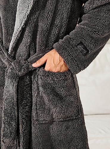 Mens Fleece Plush Robe with Hood Ultra Soft Fluffy Full X-Large Dark Grey - Picture 5 of 7