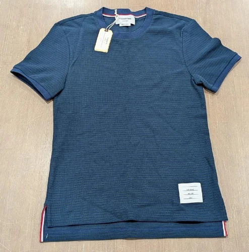 T shirt girocollo uomo THOM BROWNE $420 cotone a righe blu scuro 1 small