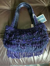NWT Beautiful Navy Blue Fringe Beaded Shoulder Bag Magnetic Closure