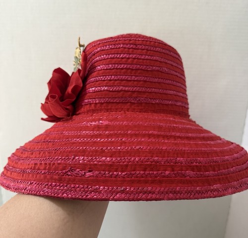 Vintage Georgi Red Woven Straw Hat Wide Brim Floral Butterfly Derby Society NWT - Picture 4 of 10