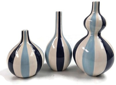 Jonathan Adler Happy Home Stripes Shapely  Vase Set of 2  White Blues 2003