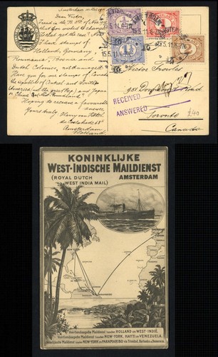 1911 Netherlands West Indies Postcard To Canada 4c Amsterdam Received Answered
