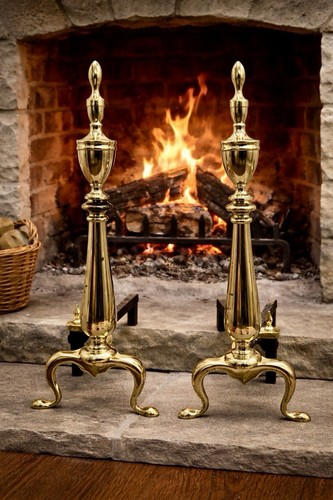Vintage Tall 22.5" Heavy Brass Andirons Fire Dogs Pair Federal Style Urn Finials