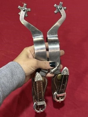Long Angle Vintage Rugged Heavy Duty Spurs & Leather Straps Cowboy Rodeo Riding