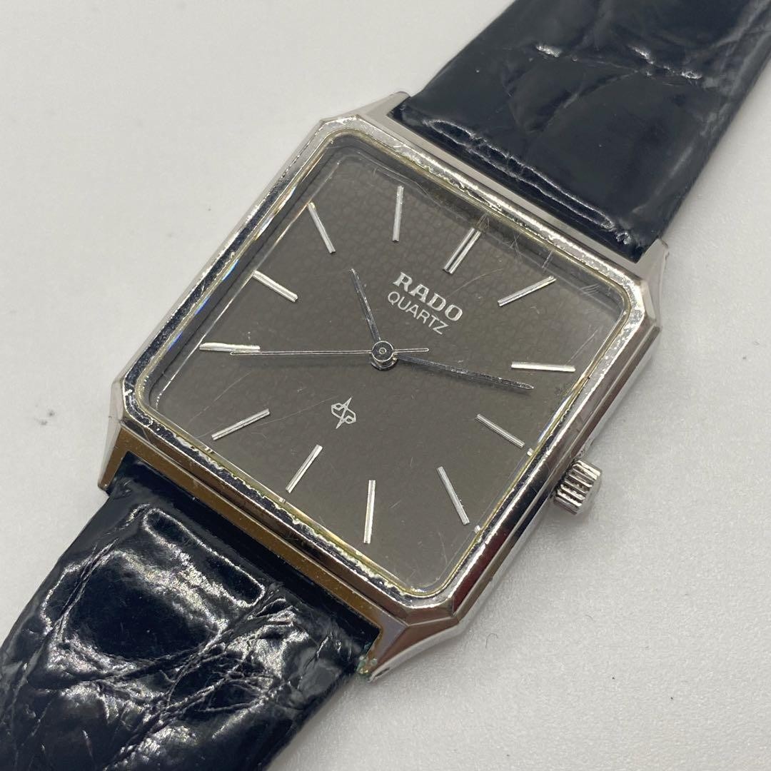 RADO Men's Swiss Silver Square Quartz Watch with Black Leather Strap