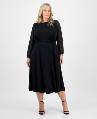Connected Plus Size Shirred-Waist Sheer-Sleeve MIDI Dress - Black - 22W  696691032613| eBay
