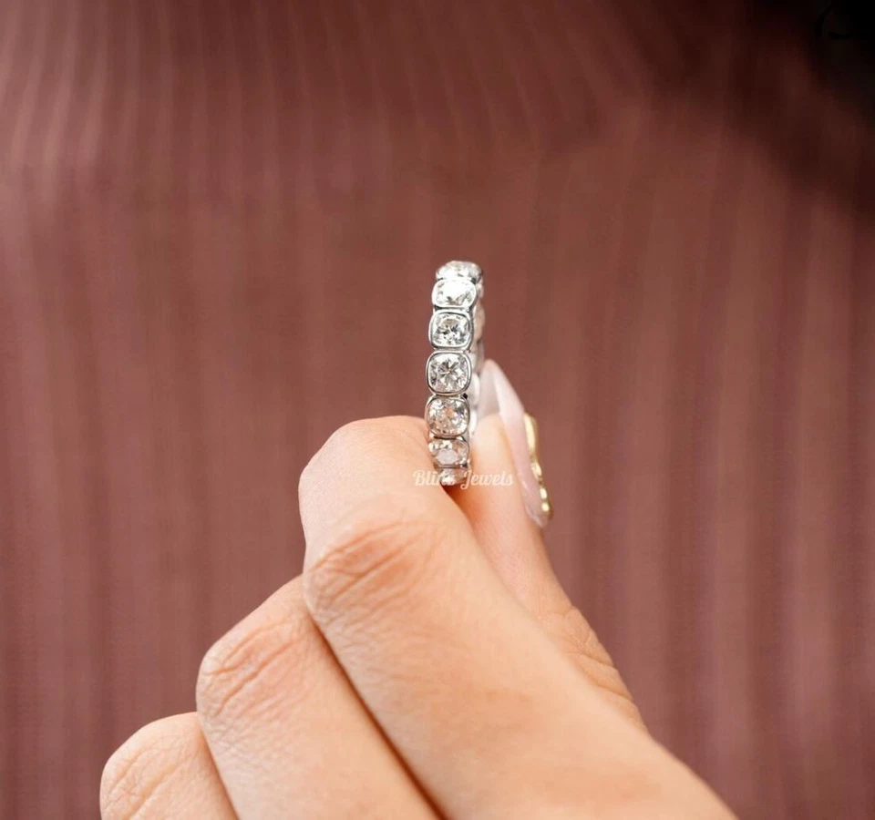 2 Ct Cushion Cut Moissanite Bezel Set Full Eternity Wedding Band 14K White Gold - Image 4 of 4