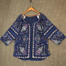 Signature Studio Blouse Womens 3X Blue Purple Boho Floral Paisley Plus Size Top