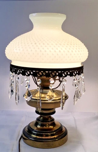 Vintage Brass Hurricane Table Lamp with Milk Glass Hobnail Shade & Crystal Drops