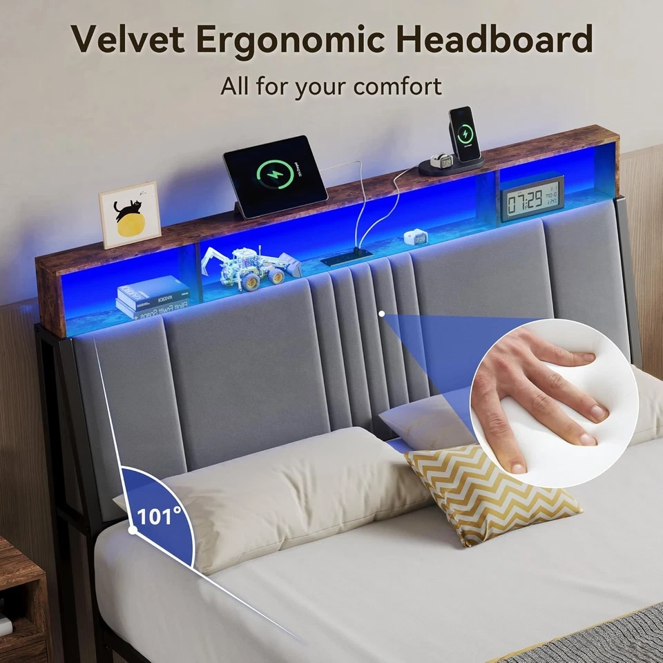 Twin Bed Frame with Headboard, Metal Platform Bed w/ 2-Tier Storage& LED Lights- - Image 3 of 4