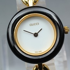 GUCCI 11/12.2 White Black Change Bezel Gold Bracelet Quartz 26mm Ladies Watch