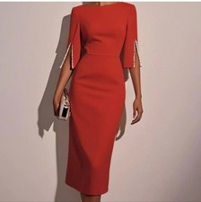 NWT Fehaute Elegant Red with Pearl Accents Cocktail Formal Dress