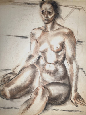 Sitting Female Figure Bertram Hartman 20th Century NYC Modernist Conte Drawing