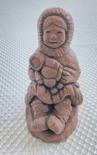 Vintage Earthquake Clay Handmade Eskimo with Baby Figurine ACE Alaska Figure