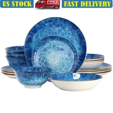 Oceanus 16 Piece Porcelain Dinnerware Set Double Bowl Dinner Plates Service 4 US