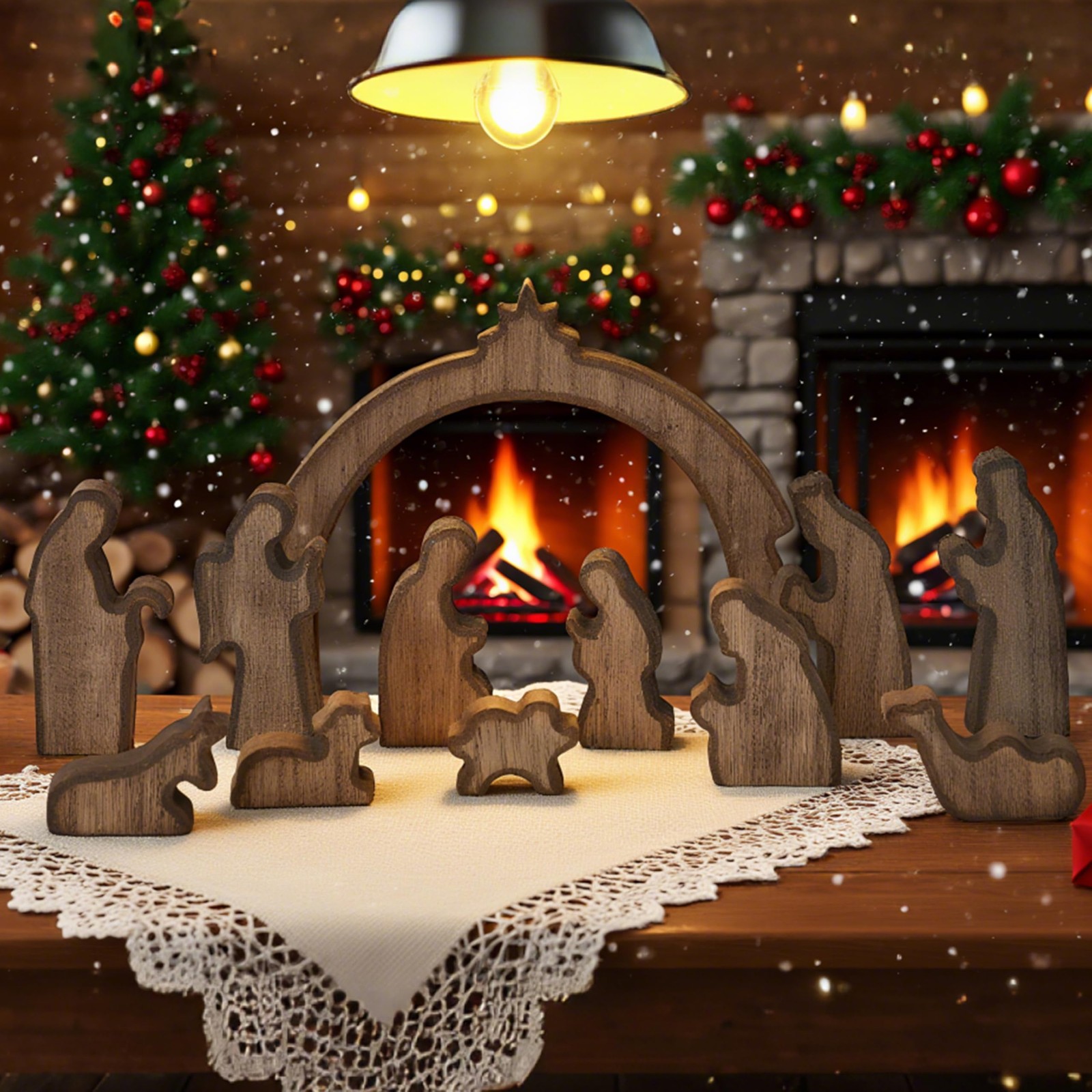 Indoor Christmas Nativity Set 12pcs Wooden Manger Rustic Mini Figurines