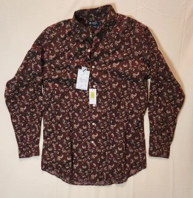 Cremeux Classics Shirt Mens Medium Wine Red Paisley Button Up Long Sleeve Cotton