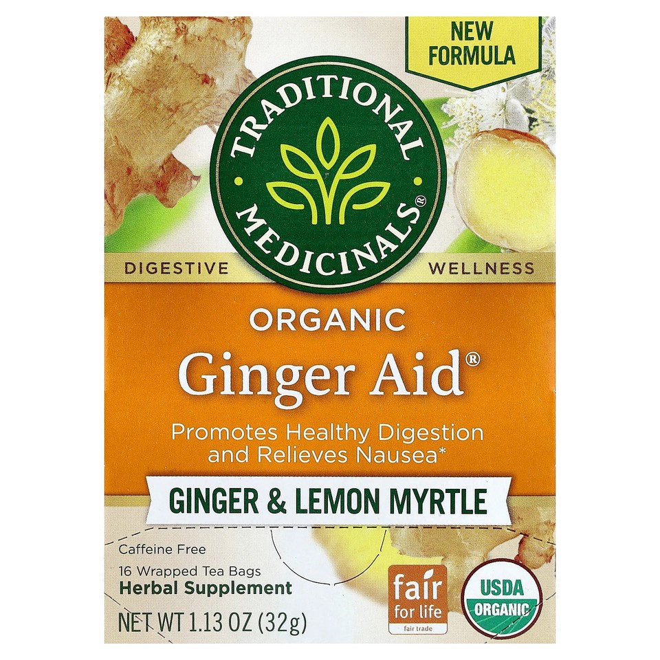 Organic Ginger Aid®, Ginger & Lemon Myrtle, Caffeine Free, 16 Wrapped Tea Bags,
