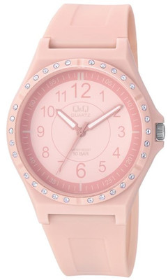 Q&Q by Citizen VQ98J005Y Casual Crystal Polyurethane Pink Strap Womens Watch NEW