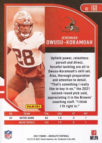 2021 Absolute Rookies Spectrum Blue #160 - Jeremiah Owusu-Koramoah /99 - Browns - Picture 2 of 2