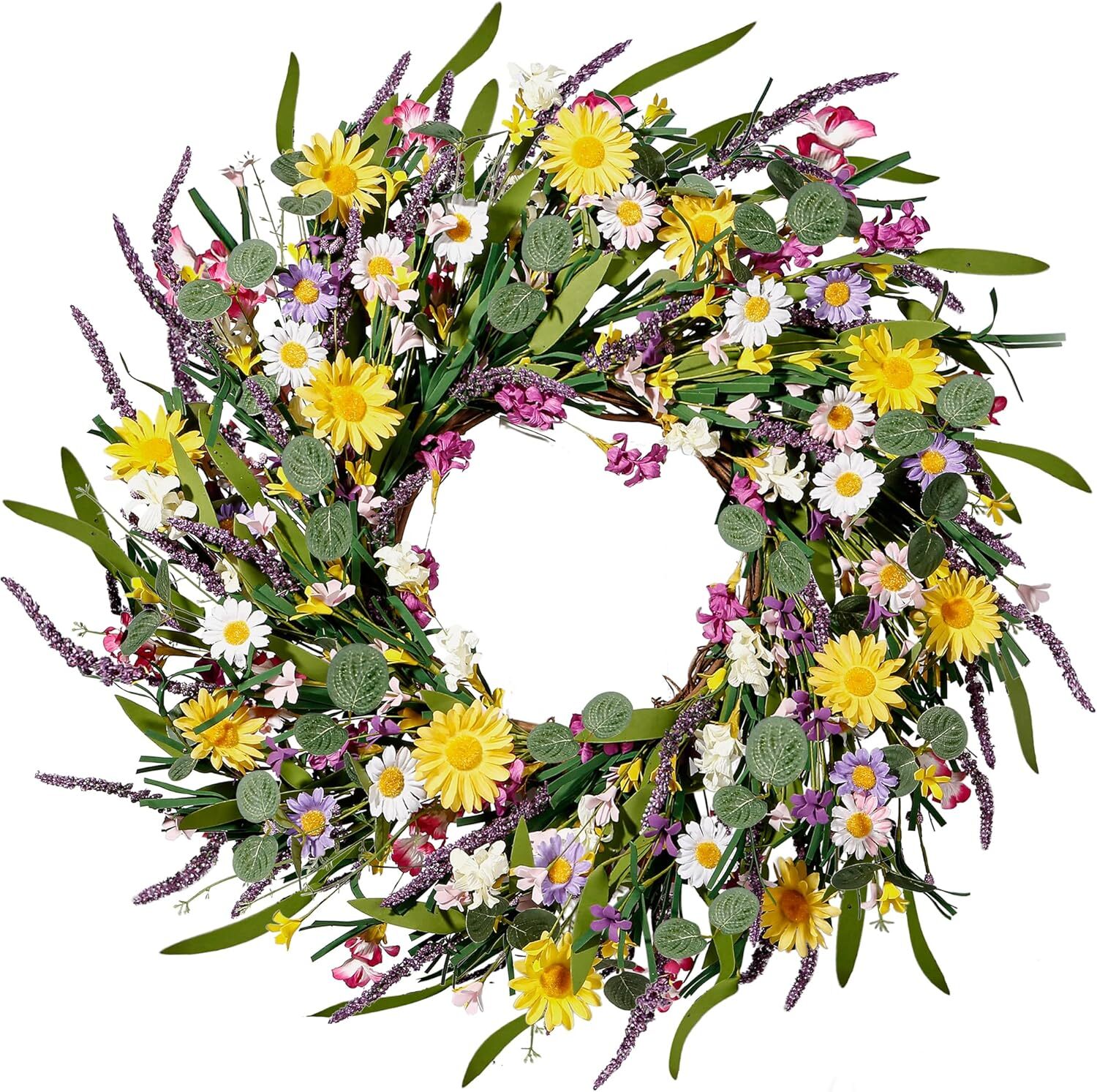 Sggvecsy 22-Inch Daisy Lavender Silk Wreath for Spring Summer Decor
