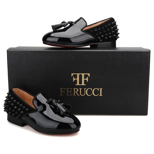 FERUCCI Kids Black Studded Leather Spikes Loafer Wedding Gala Partys Tie Event - Picture 2 of 11