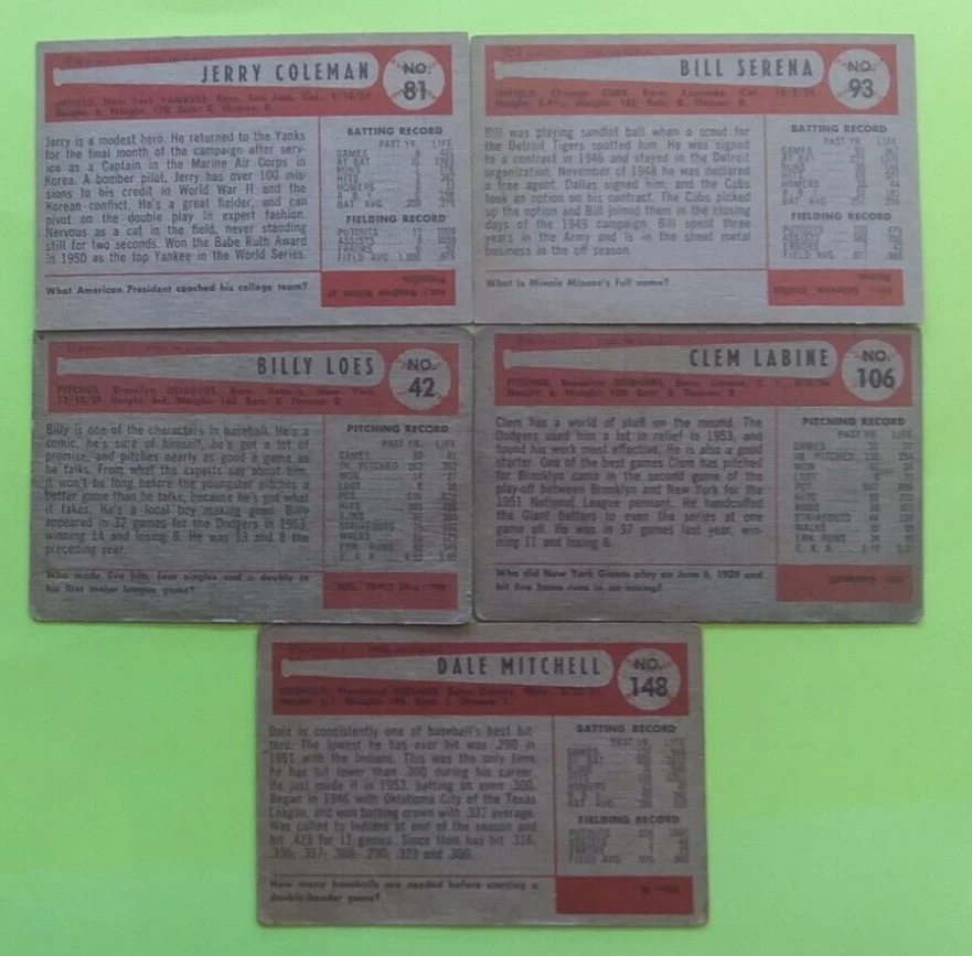 Lote de 5 tarjetas 1954 Bowman Baseball (J. Coleman/Clem Labine/Billy Loes/Bill Serena) Foto 3 de 4