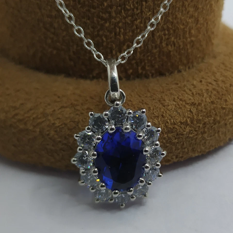 9x7mm Oval Simulierte Sapphire Halo Anhänger Halskette 925 Sterling Silber Kette - Bild 4 von 4