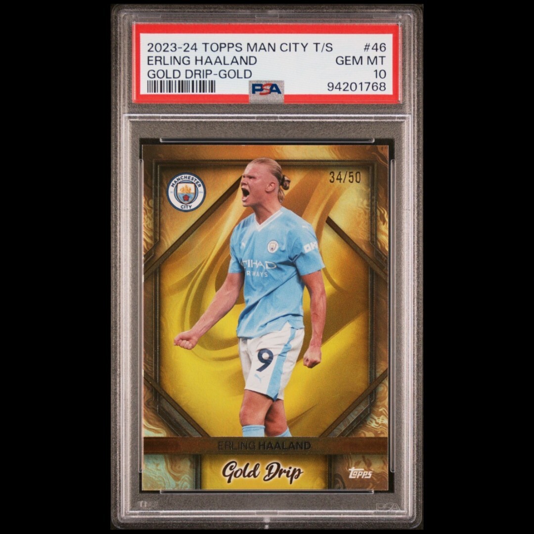 PSA 10 2023-24 Topps Manchester City Gold Drip Erling Haaland Gold Refractor /50