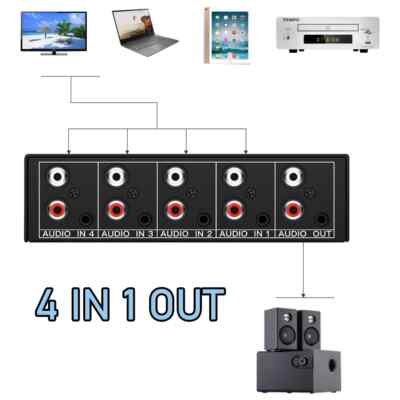 RCA AUX Audio Switcher 4 in 1 Stereo Audio Selector Passive 3.5mm Switch Box