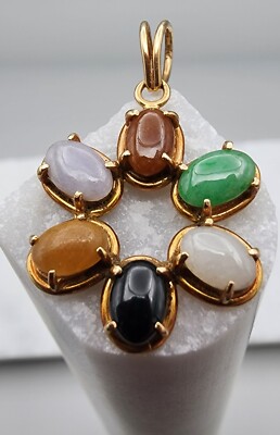 14k 585 Gold YG 1940s Retro 6 Gemstone Jade Agate Onyx 14k 585 Gold YG 1940s Retro 6 Gemstone Jade Agate Onyx
