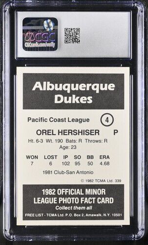 1982 TCMA Albuquerque Dukes #4 Orel Hershiser CGC 9 MINT - Picture 2 of 2