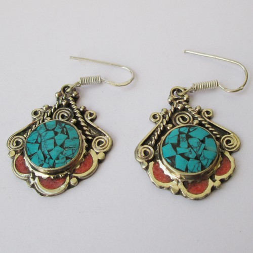 Pendientes Tibetanos Natural Coral Turquesa Multicolor Regalo Navidad Joyería - Imagen 2 de 7
